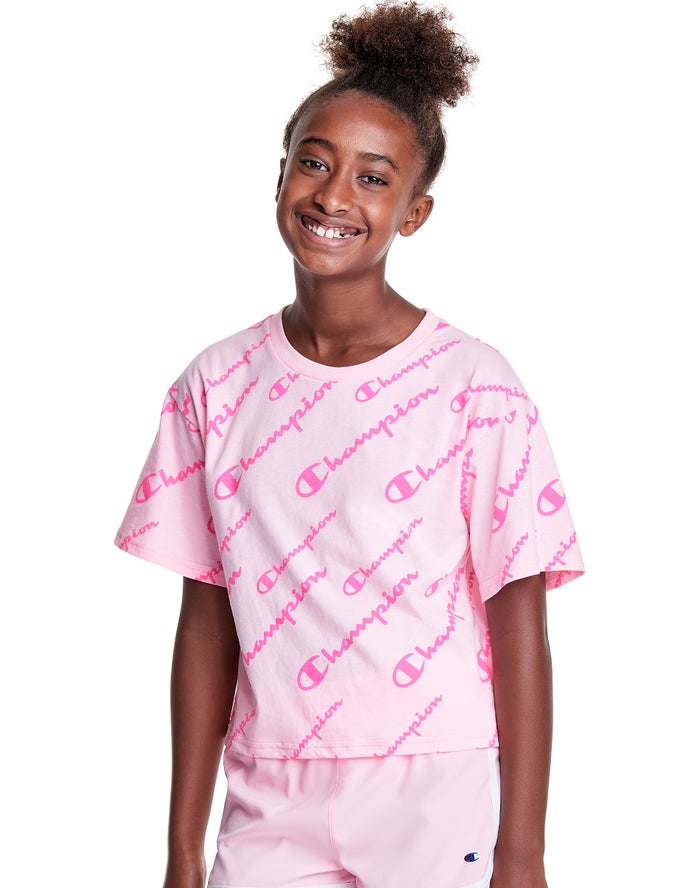 Champion Girls T-Shirt NZ - Boxy Allover Logo Pink ( 9473-ETOUL )